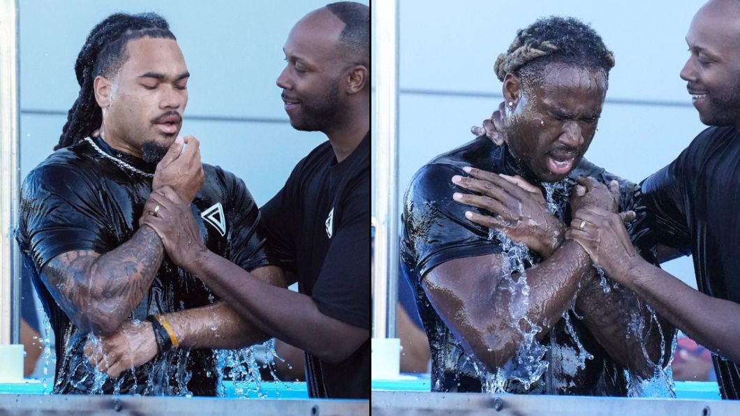 Carolina Panthers teammates Jonathon Brooks, Princely Umanmielen get baptized